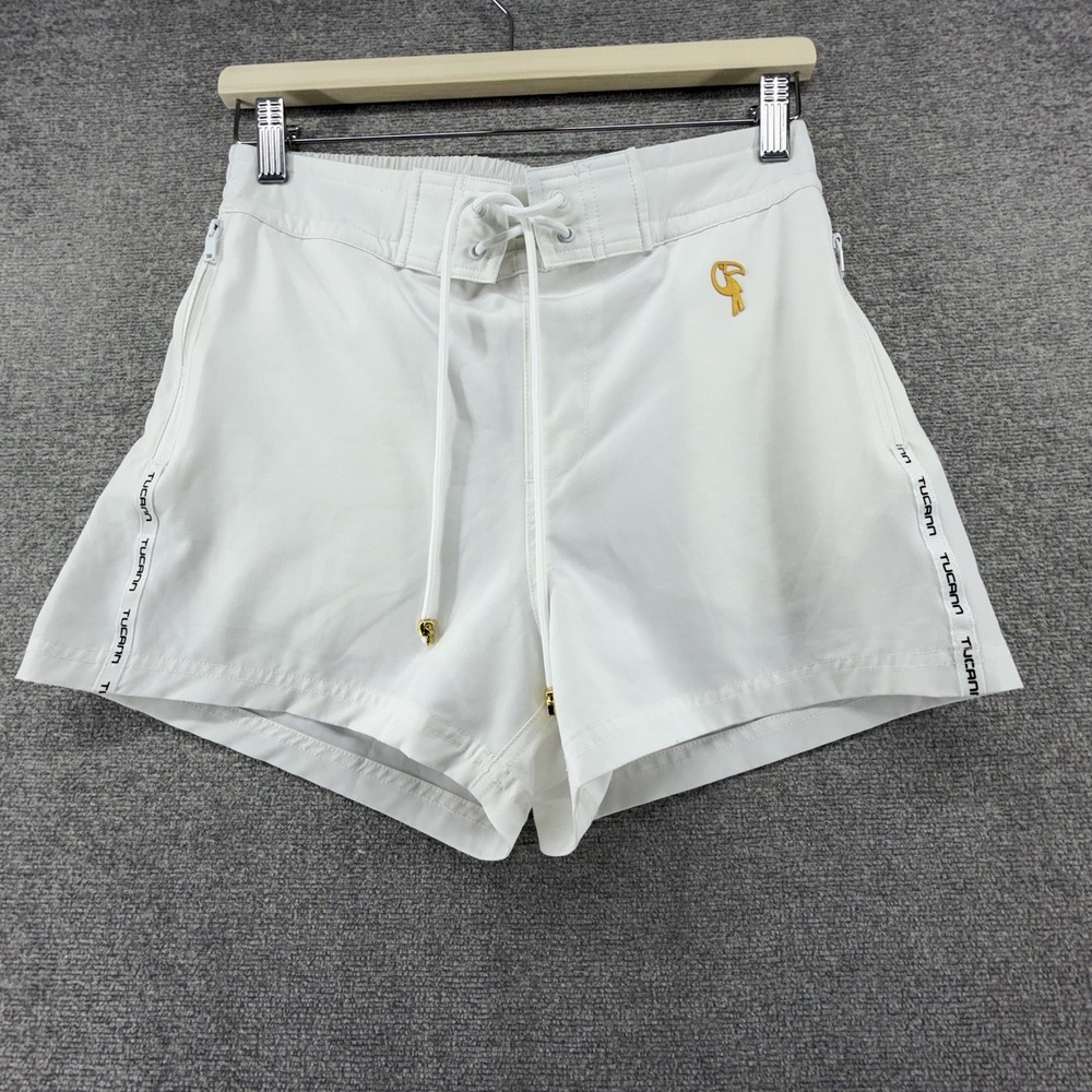 Tucann Swim Trunks Shorts Men Size S White Lined Summer Beach Drawstring